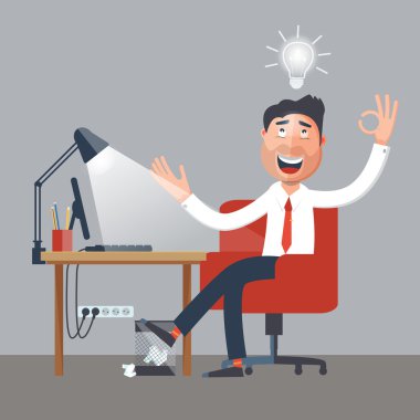 Businessman at Work. Man had an Idea. White Collar in Office. Successful Businessman. Vector illustration