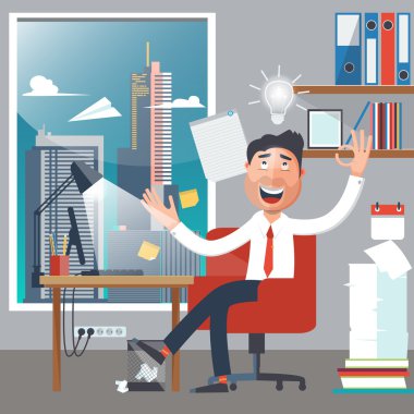 Businessman at Work. Man had an Idea. White Collar in Office. Successful Businessman. Vector illustration