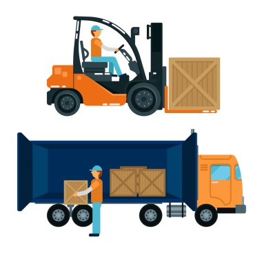 Forklift with Driver. Worker Loading Containers into the Truck. Cargo Industry. Heavy Transportation. Vector illustration