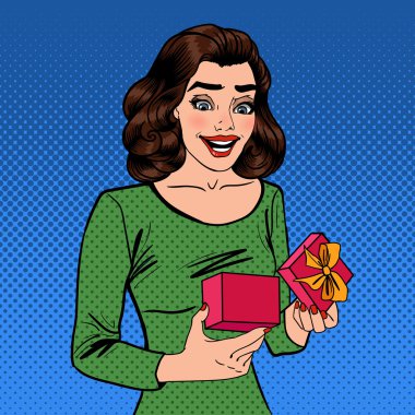 Hediye olan kadın. Heyecanlı kadın hediye ile. Sanat afiş pop. Vektör çizim