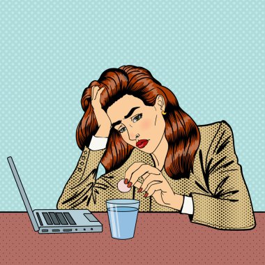 İşyerinde stres. Kız hap içiyor. Bir iş kadını. Kadın bir baş ağrısı vardır. Pop Art. Vektör çizim