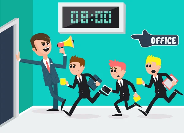 Boss with Megaphone. Workers Running to Office. Businessmen Going to Work. Vector illustration — Διανυσματικό Αρχείο
