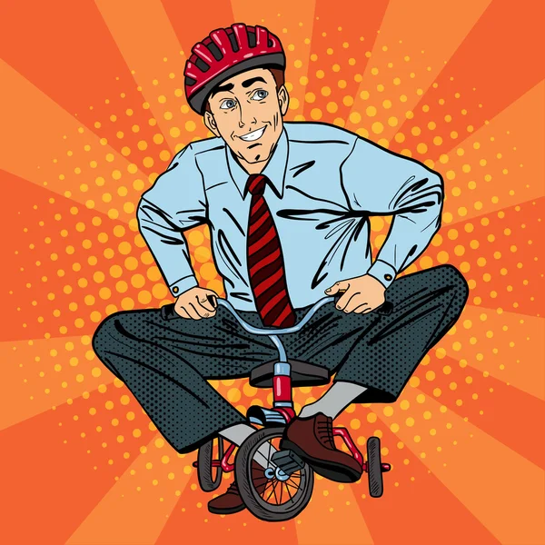 Empresario en Bicicleta Infantil. Empresario montando una bicicleta pequeña. Diversión en el trabajo. Arte Pop. Ilustración vectorial — Archivo Imágenes Vectoriales