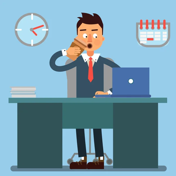 Businessman Working Day. Businessman at Work. Businessman Drinking Coffee. Office Life. Vector illustration — Stock Vector