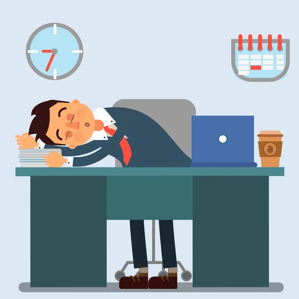 Dia de trabalho do empresário. Empresário adormecido no trabalho. Vida útil. Ilustração vetorial — Vetor de Stock