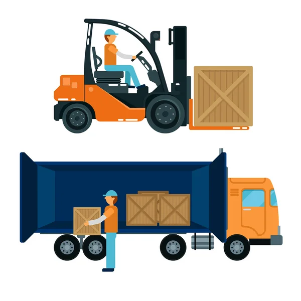 Forklift with Driver. Worker Loading Containers into the Truck. Cargo Industry. Heavy Transportation. Vector illustration — Wektor stockowy