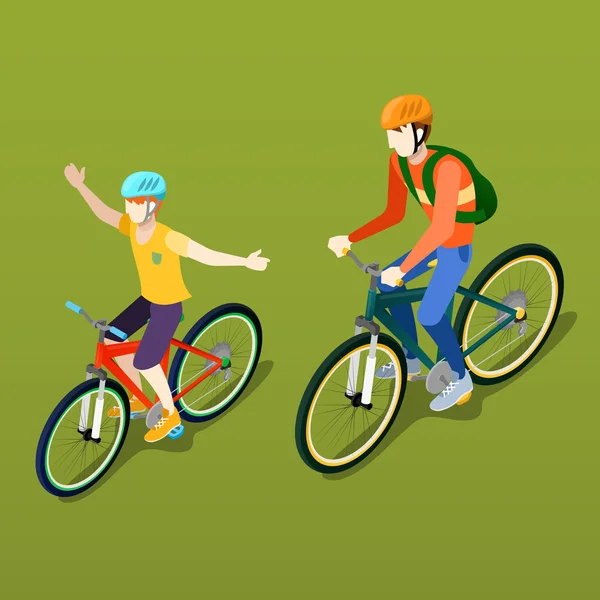 Gente isométrica. Bicicleta isométrica. Padre e hijo ciclista. Ilustración vectorial — Vector de stock