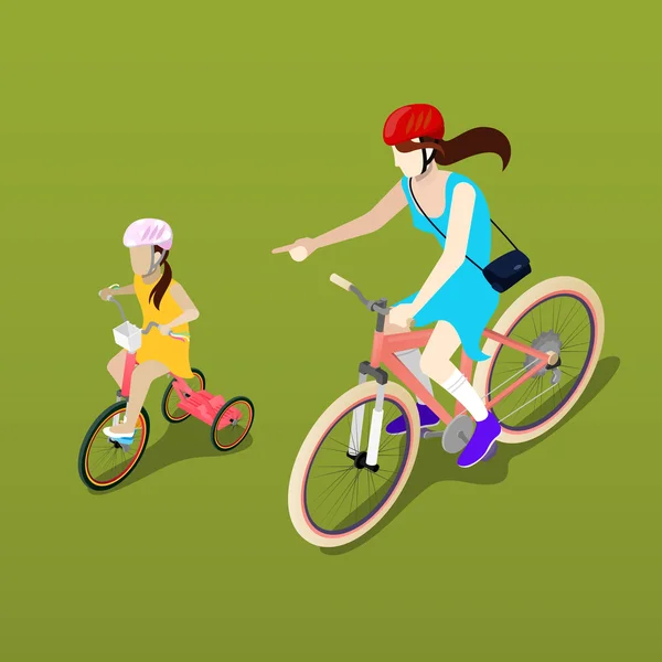 Persone isometriche. Bicicletta isometrica. Madre e figlia Ciclista. Illustrazione vettoriale — Vettoriale Stock