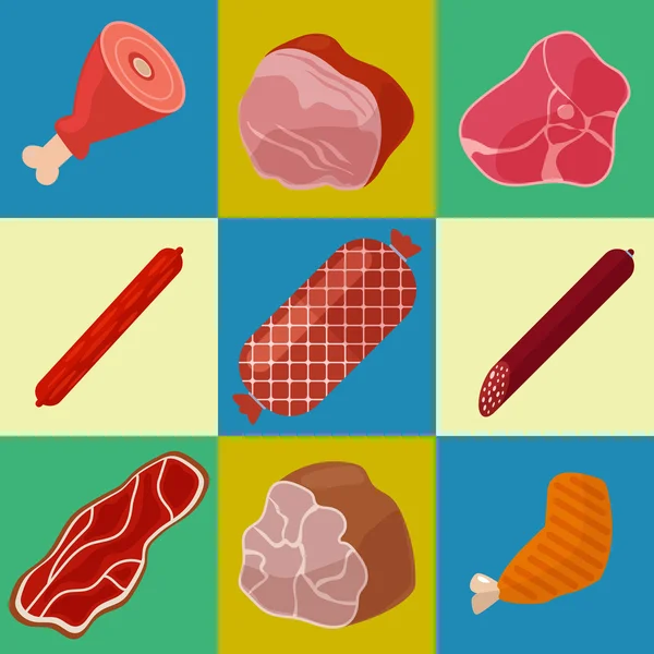 Conjunto de ícones de carne. Ícones de carnificina. Produtos de carne. Ilustração vetorial — Vetor de Stock