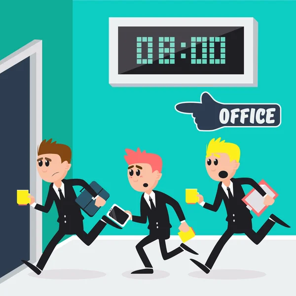 Workers Running to Office. Businessmen Going to Work. Vector illustration — Stock Vector