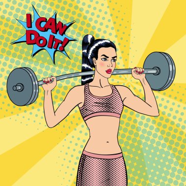 Woman with Barbell. Fit Girl. Healthy Lifestyle. Pop Art. Vector