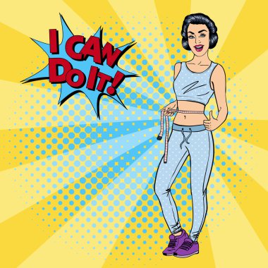 Elinde mezura olan kadın. Formda kadın. Sağlıklı yaşam tarzı. Pop Art. Vektör illüstrasyonu