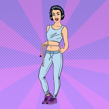 Elinde mezura olan kadın. Formda kadın. Sağlıklı yaşam tarzı. Pop Art. Vektör illüstrasyonu