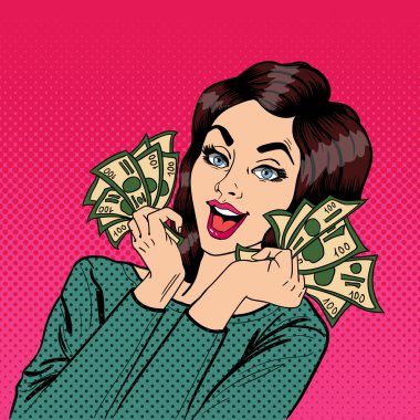 Cash 'i elinde tutan genç bir iş kadını. Elinde Dolar olan bir kadın. Pop Art. Vektör illüstrasyonu