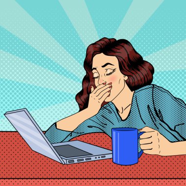 Yorgun işkadını. Dizüstü bilgisayar ile yorgun kadın. Pop Art. Vektör çizim