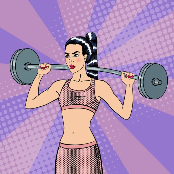 Woman with Barbell. Fit Girl. Healthy Lifestyle. Pop Art. Vector — Stockvector