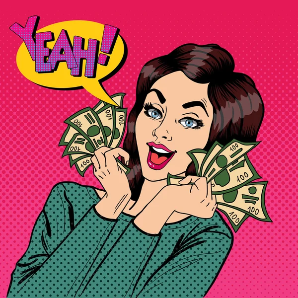 Young Businesswoman Holding Cash. Frau mit Dollars in der Hand. Pop-Art. Vektorillustration — Stockvektor