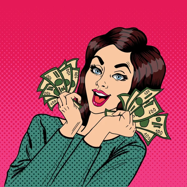 Joven empresaria sosteniendo efectivo. Mujer con dólares en las manos. Arte Pop. Ilustración vectorial — Vector de stock