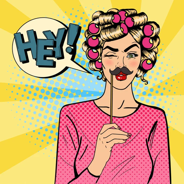 Woman Winks. Attractive Girl with Curlers on her Head. Woman with Photo Booth Mustache. Pop Art. Vector illustration — Stock Vector