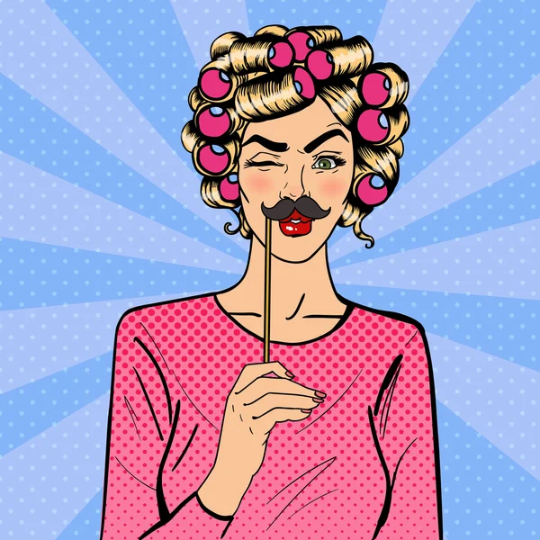 Mulher Winks. Menina atraente com Curlers em sua cabeça. Mulher com bigode de cabine fotográfica. Pop Art. Ilustração vetorial —  Vetores de Stock