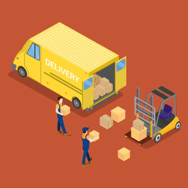 Isometrische leverings auto. Vracht industrie. Werknemer op vorkheftruck. Lading laden. Vector illustratie — Stockvector