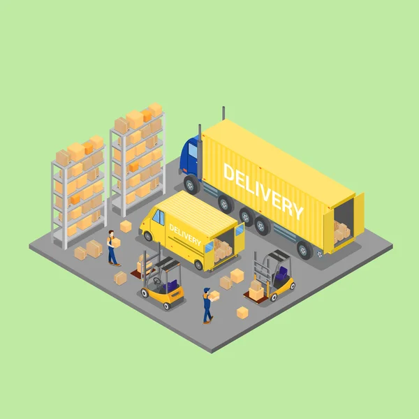 Isometrisch magazijn. Vracht industrie. Werknemer op vorkheftruck. Lading laden. Vector illustratie — Stockvector