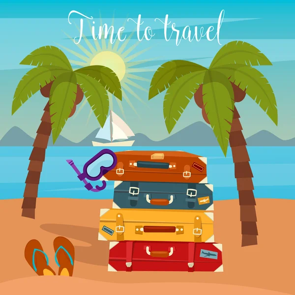 Férias tropicais. Bagagem de viagem. Férias na praia. Ilustração vetorial — Vetor de Stock