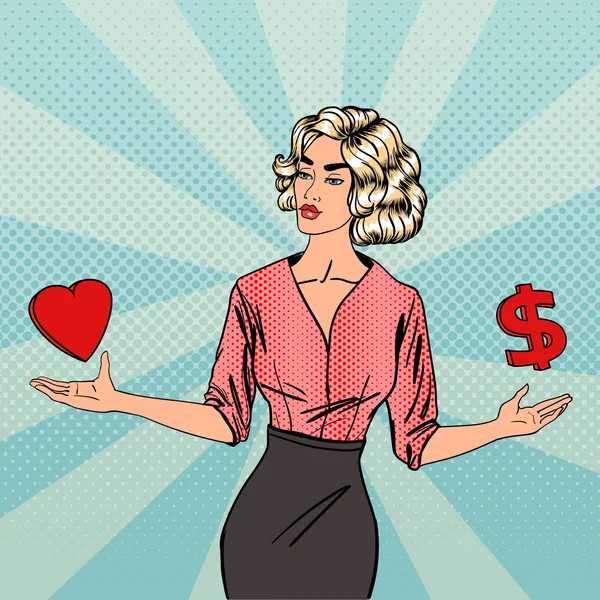 Frau, die sich zwischen Liebe und Geld entscheidet. Geschäftsfrau mit offenen Armen. Pop-Art. Vektorillustration — Stockvektor