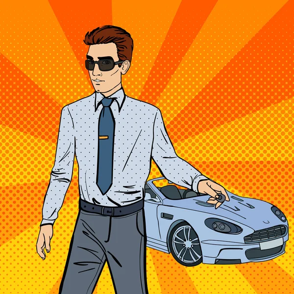 Homme d'affaires prospère. Un homme tenant une clé de voiture. Pop Art. Illustration vectorielle — Image vectorielle