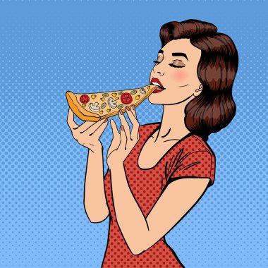 Pizza Yiyen Kadın. Genç bir kadın büyük bir dilim pizza tutuyor. Pop Art. Vektör illüstrasyonu