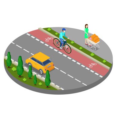 İyometrik Şehir. Bisikletçi ile Bisiklet Yolu. Anne ve Bebek Arabası ile Patika. Vektör çizimi