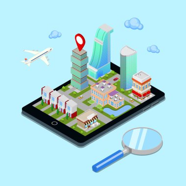 Isometrik Mobil Navigasyon. Turizm Sektörü. Tablet Ekranında Modern Şehir. Vektör çizimi