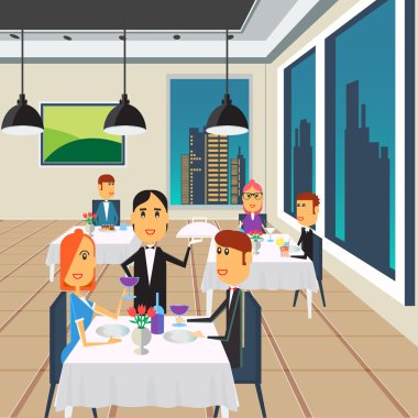 Restorandaki. Restoran iç. Mutlu çift, akşam yemeğinde. Vektör çizim