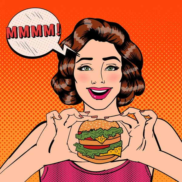 Mujer joven comiendo hamburguesa. Mujer sosteniendo hamburguesa. Arte Pop. Ilustración vectorial — Vector de stock