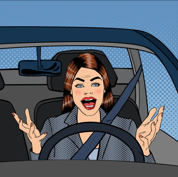 Zły kobieta kierowca. Agresywna kobieta jazdy samochodem. Pop-art. Ilustracja wektorowa — Wektor stockowy
