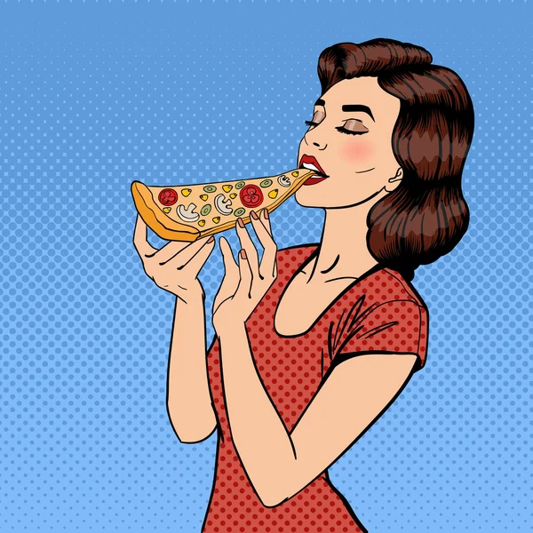 Kvinnan som äter pizza. Unga kvinna som håller i Pizzas stora bit. Pop Art. Vektorillustration — Stock vektor