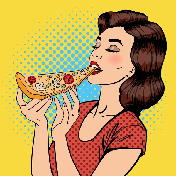 Pizza Yiyen Kadın. Genç bir kadın büyük bir dilim pizza tutuyor. Pop Art. Vektör illüstrasyonu