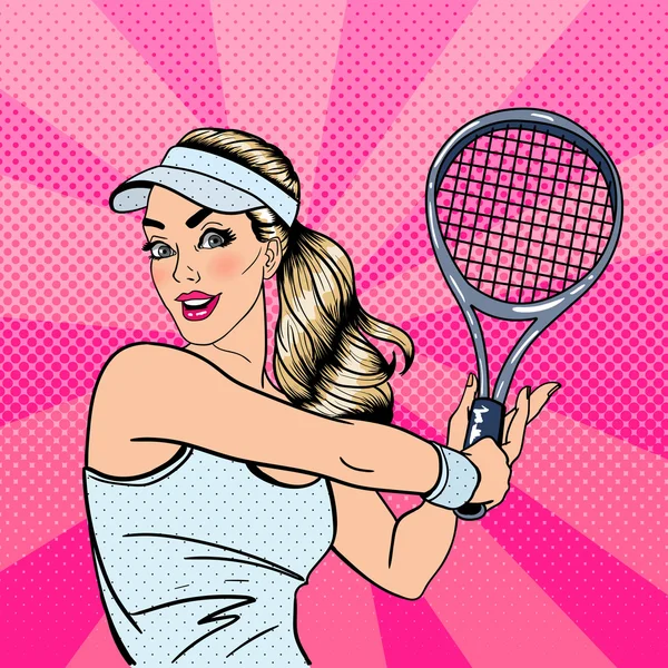 Frau spielt Tennis. Sportlerin mit Schläger. Gesunder Lebensstil. Pop-Art. Vektorillustration — Stockvektor