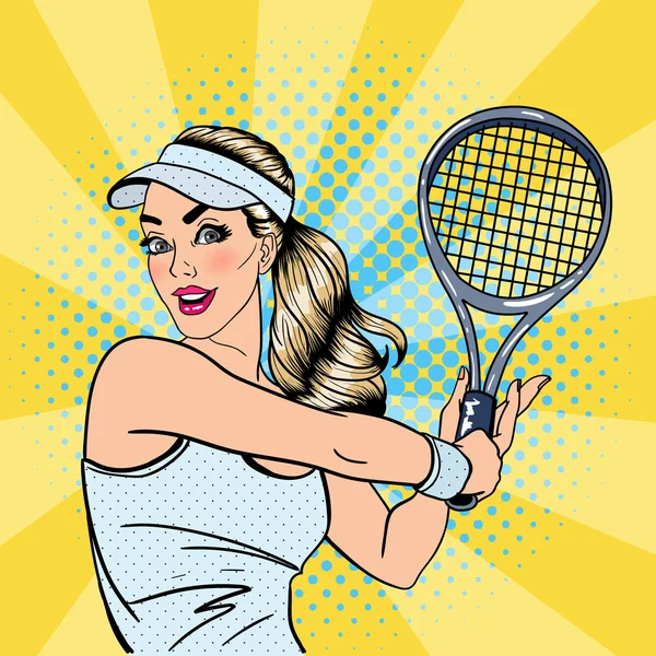 Žena hrající tenis. Sportovkyně s raketou. Zdravý životní styl. Pop Art. Vektorová ilustrace — Stockový vektor