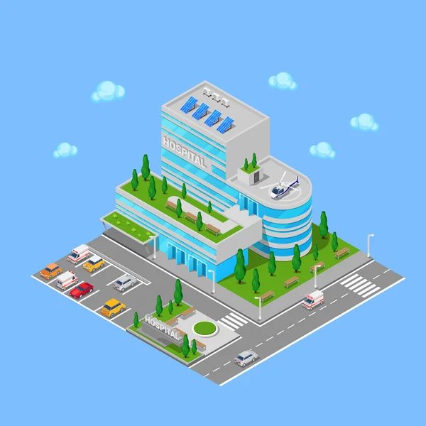 Isometriska sjukhuset. Medical Center modern byggnad. Vektor illustration — Stock vektor