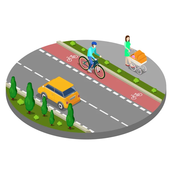 Isometrisk stad. Cykelväg med cyklist. Vandringsled med mor och barnvagn. Vektor illustration — Stock vektor