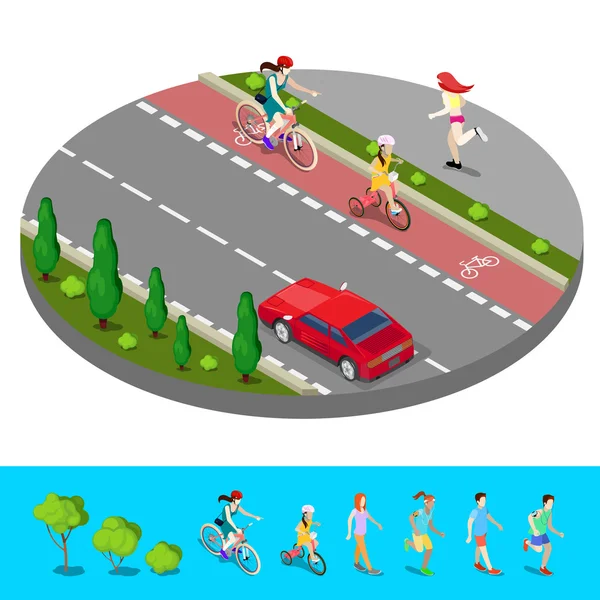 Isometric City. Piste cyclable avec cycliste. Chemin de randonnée avec Running Woman. Illustration vectorielle — Image vectorielle