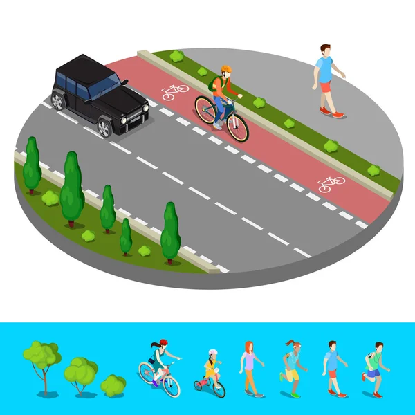 Isometrische stad. Fietspad met Bicyclist. Voetpad met Walking man. vector illustratie — Stockvector