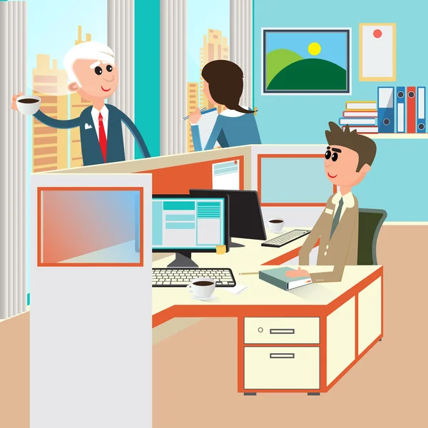 Office Life. Oficina Interior con Trabajadores. Open Space Office. Ilustración vectorial — Vector de stock