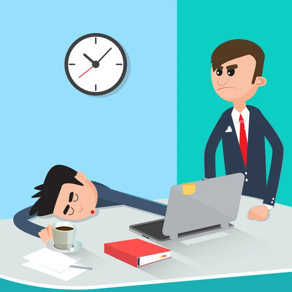 Lazy Businessman Sleeping at Work. Angry Boss Found Sleeping Worker. Vector illustration — Stock Vector