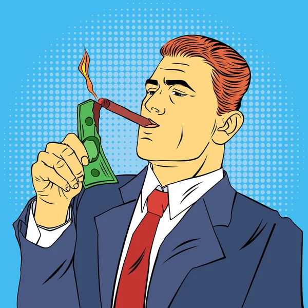 Businessman Lighting Cigar with Dollar Bill. Successful Businessman. Pop Art. Vector illustration — Stock Vector