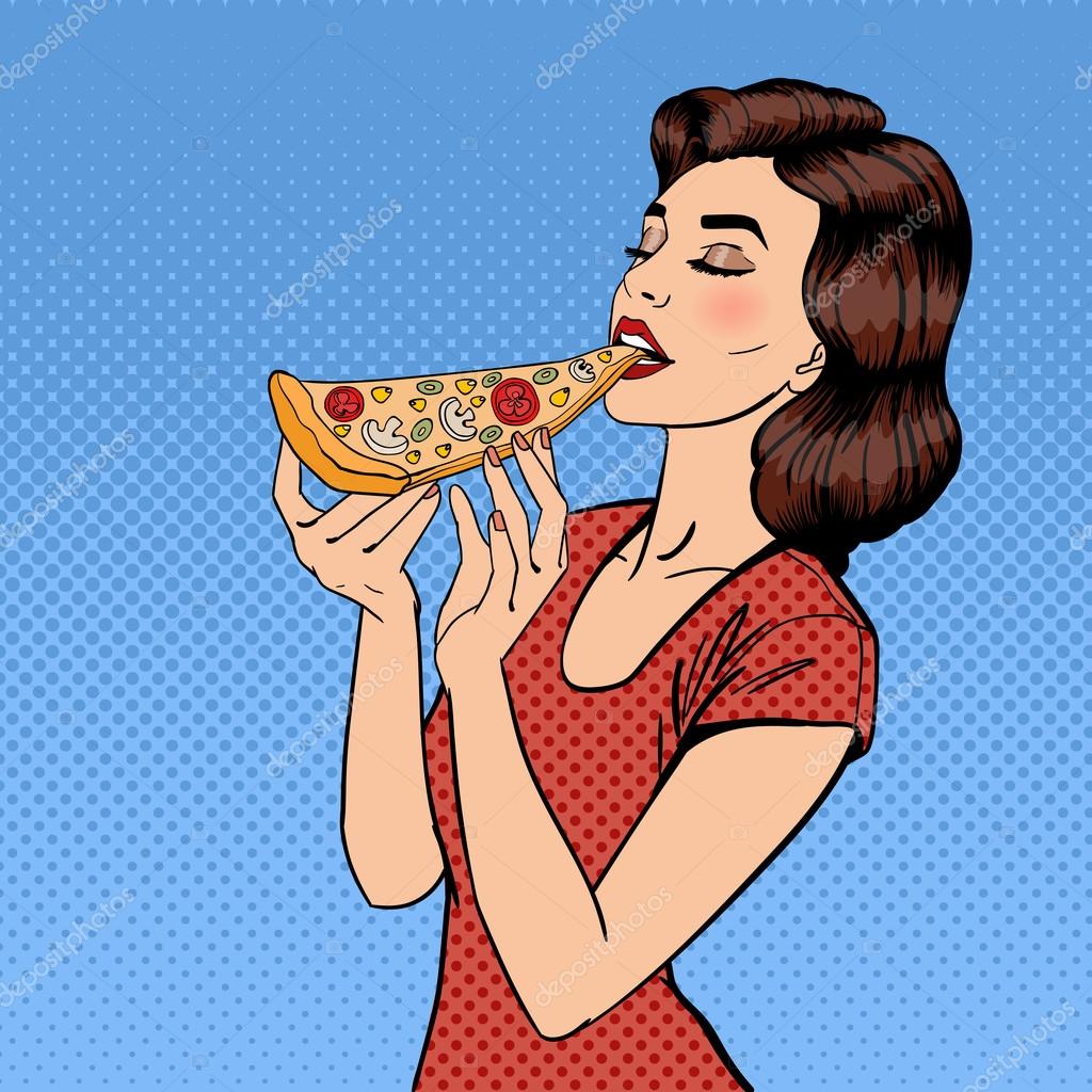 Woman Eating Pizza. Young Woman Holding Big Piece of Pizza. Pop Art
