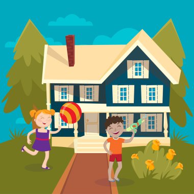 Mutlu kız top oynamak evin yanında. Çocuk oynarken su tabancası. Çocuk tatil yaz. Vektör çizim