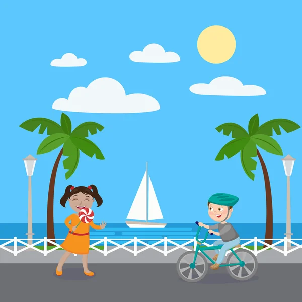 Chica con piruleta. Niño en bicicleta. Niños de vacaciones. Ilustración vectorial — Archivo Imágenes Vectoriales