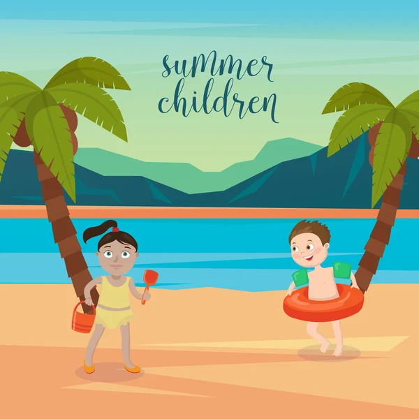 Vacaciones en el mar para niños. Chicas y niños jugando en la playa. Ilustración vectorial — Vector de stock